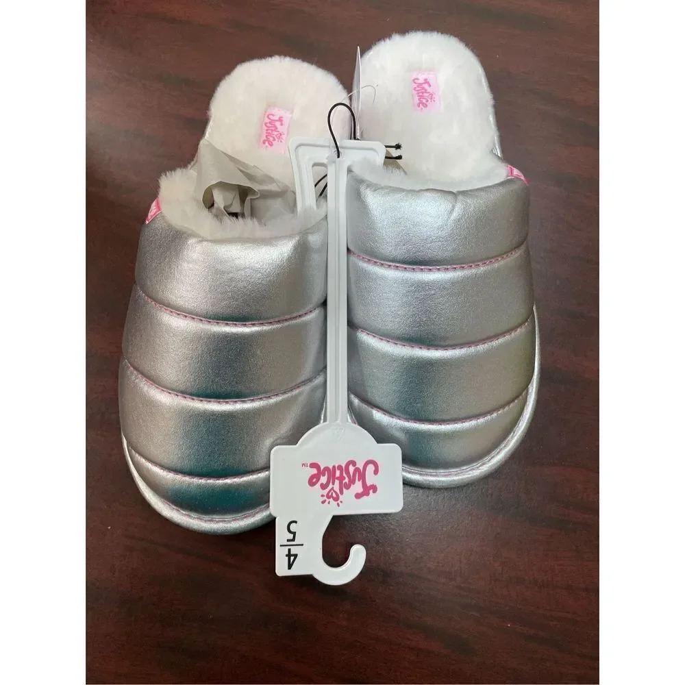 NWT Justice Silver Kids Slippers Size 4/5